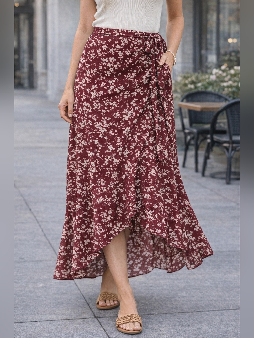 Boho Floral Wrap Skirt Burgundy Midi Ruffle Hem Festival Large - Picture 2 of 8